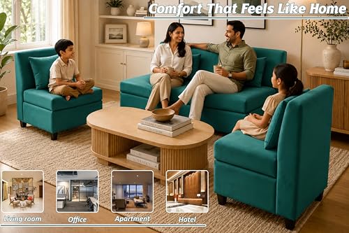Image of 3+1+1 Modern Velvet Fabric Sofa Set for Living Room | Three Seater Sofa with 2 Single Seater Chairs | for Home, Office| Green