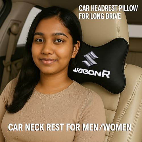 Image of Maruti Suzuki WagonR Car Headrest Neck Pillow - Neck Support Cushion for Driving | Soft Polyester, Ergonomic, Pain Relief, Travel Use | 26 x 18 cm (Black)