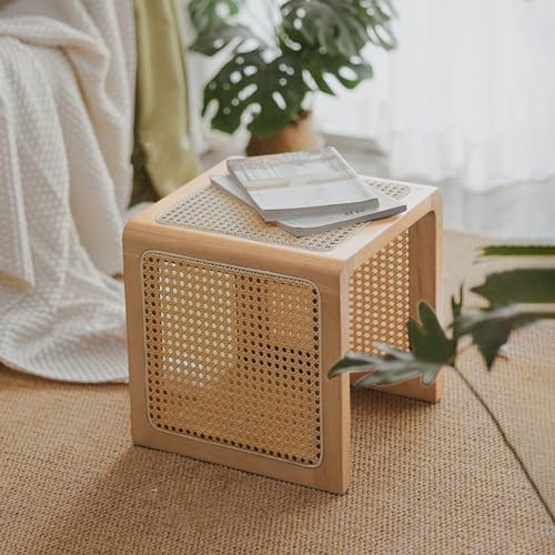 Table d'appoint carrée en bois massif et rotin multifonction