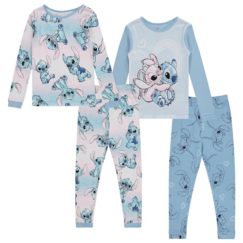 Disney Girls Lilo and Stitch Pajamas Set - 4 Piece Long Sleeve Stitch Pajamas - Lilo and Stitch Ohana 2 Pack Pajamas Set