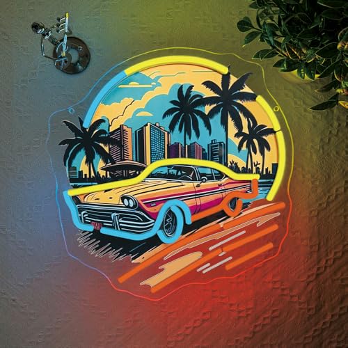 Image of Sports Car Neon Signs for Wall Decor,Racing Car LED Signs for Bedroom,Cool UV Print Hawaiian Style Neon Sign for Boys And Girls Room,Sunset Lamp Man Cave Garage Gaming Lights Game Room Decor