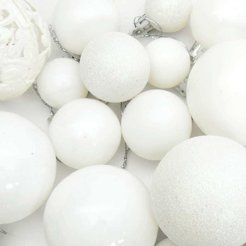 100-częściowy zestaw ozdób choinkowych, biały plastik, różne rozmiary 3 cm, 4 cm, 6 cm, trwała dekoracja świąteczna na drzewo i dom, z pudełkiem do przechowywania, idealna do dekoracji świątecznych