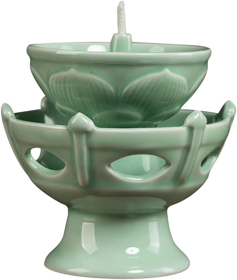 Decorative Lighting Oil Lamp Small Oil Lantern with Wicks Oil Lamps for Indoor Use Ceramic Kerosene Lamp Butter Lotus Buddha Front Light