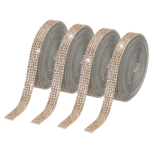 PATIKIL 4 Rollos De Cinta De Strass 0.35' Tiras De Cristal Autoadhesivas 4 Yardas De Calcomanía De Diamantes De Resina Para Manualidades dorado claro