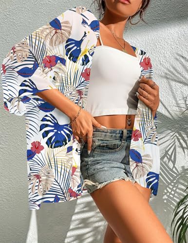 BB&KK Women's Cover Up Floral Kimono Print Short Sleeve Sheer Cardigan Loose Casual Summer Blouse Tops (Tropical Leaf, S)