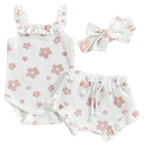 Image of Mubineo Baby Girl 3PCS Summer Boho Rompers Outfits Bodysuit Shorts Clothes Headband Set (Qbd White Pink, 0-3 Months)