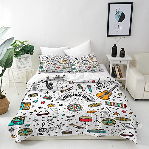 ANHOPE Music Duvet Cover Set Soft Comforter Cover Set with Retro Musical Equipment Print Pattern 3 Piece Bedding Set with Pillowcase All Season Decor Quilt Cover with Zipper for Kids Adult Single Size