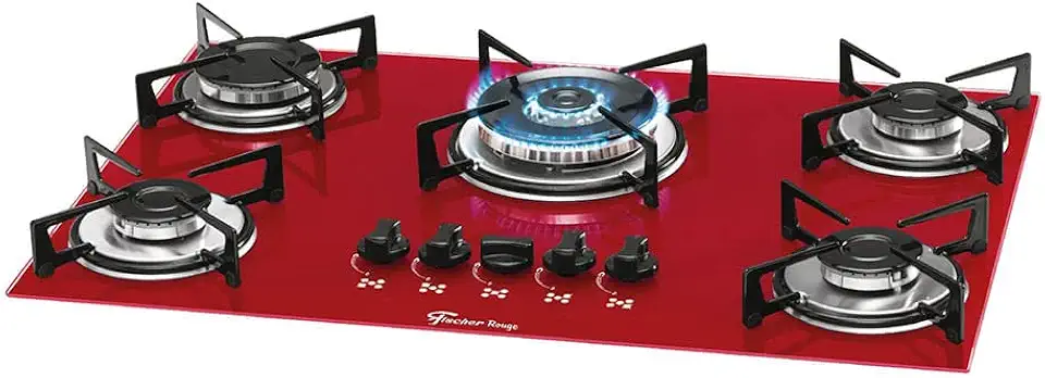 FISCHER COOKTOP À GÁS 5 BOCAS TRIPLA CHAMA MESA VIDRO ROUGE BIVOLT - 1743-15738
