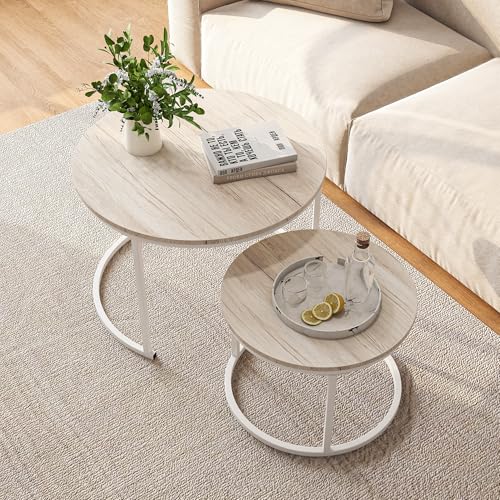 HOJINLINERO Round Coffee Table Set of 2 End Tables for Living Room,Modern White Coffee Table Nesting...