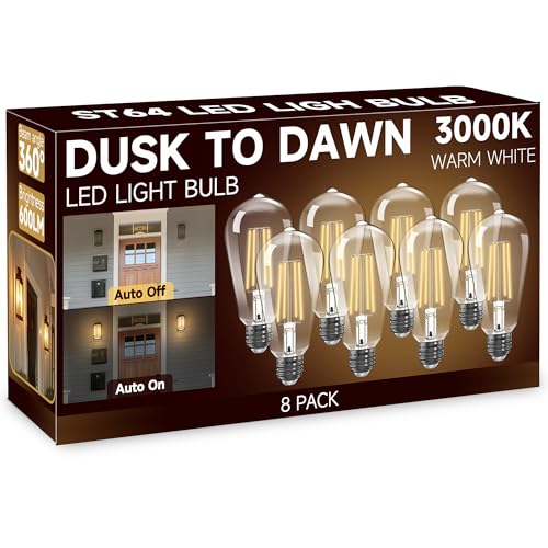 Dusk to Dawn LED Bulbs 8 Pack, 6W 60W Edison, 3000K, E26, 600LM