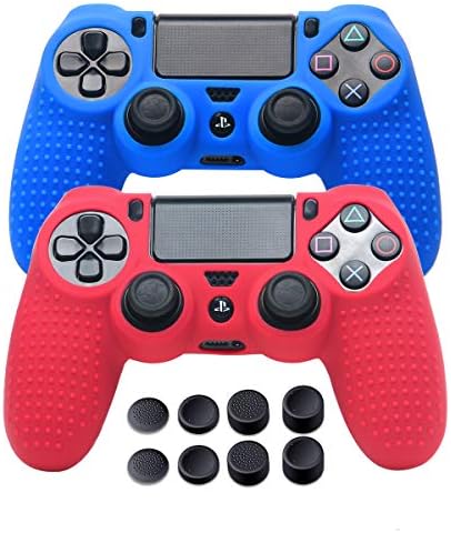 PS4 Controller Covers - PS4 Silicone Skins for DualShock 4 - PS4 Accessories Anti-Slip Cover Case for Playstation 4, Slim, Pro - 2 Pack PS4 Controller Skins - 4 Pairs PS4 Grips - Red & Blue
