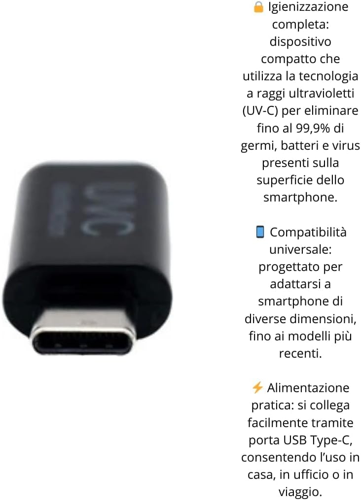 Sterilizzatore raggi UV portatile per smartphone con ingresso USB type-C