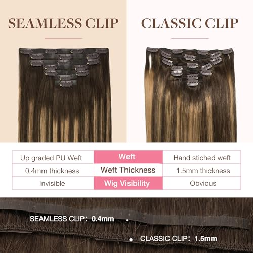 GOO GOO Clip in Hair Extensions Real Human Hair, Remy Human Hair Extensions Clip ins for Women, Natural Human Hair, 24inch 160g 7Pcs, 4/27/4 Balayage Chocolate Brown to Caramel Blonde