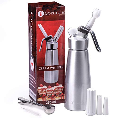 Professional Whipped Cream Dispenser 250Ml Aluminum Cream Whipper, Durable Stainless Steel Coffee Spoon, 3 Decorating Nozzles, Charger Holder And Cleaning Brush (N2O Cartridge Not Included) #TOP3