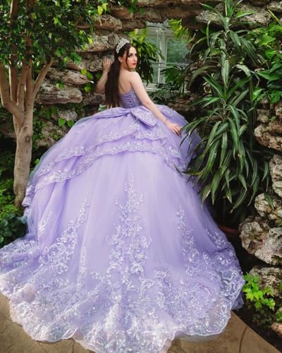 Lace Appliques Quinceanera Dresses with Bow Ruffled Ball Gown with Tiered Train Puffy Sweet 16 XV Dresses YU0034