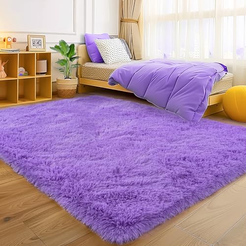 Image of Fluffy Shag Rug, 5x7 Purple Indoor Modern Shaggy Area Rug, Non-Slip Rectangular Fuzzy Carpet for Girls Kids Nursery Bedroom Living Room, Soft Plush Rug for Home Decor