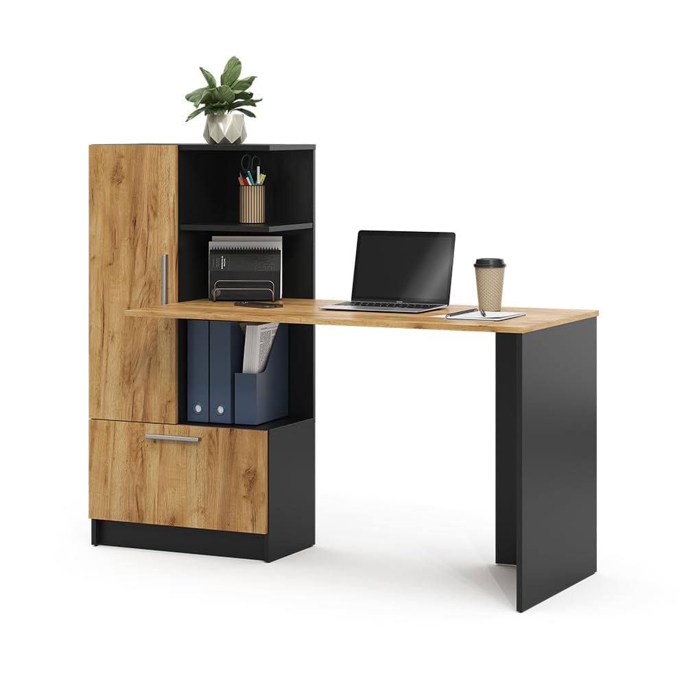 Vicco Bureau Tomy, Anthracite/chêne doré, 150x59cm, avec des espaces de Rangement Ouverts pour Un Stockage organisé