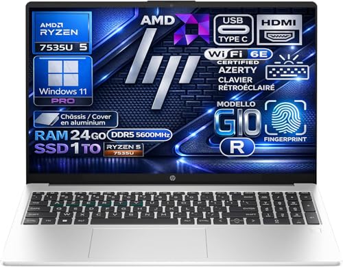 HP 255R G10 Ordinateur Portable AMD Ryzen 5 7535U 4.55 GHz, RAM 24Go DDR5, SSD 1To, Écran 15.6