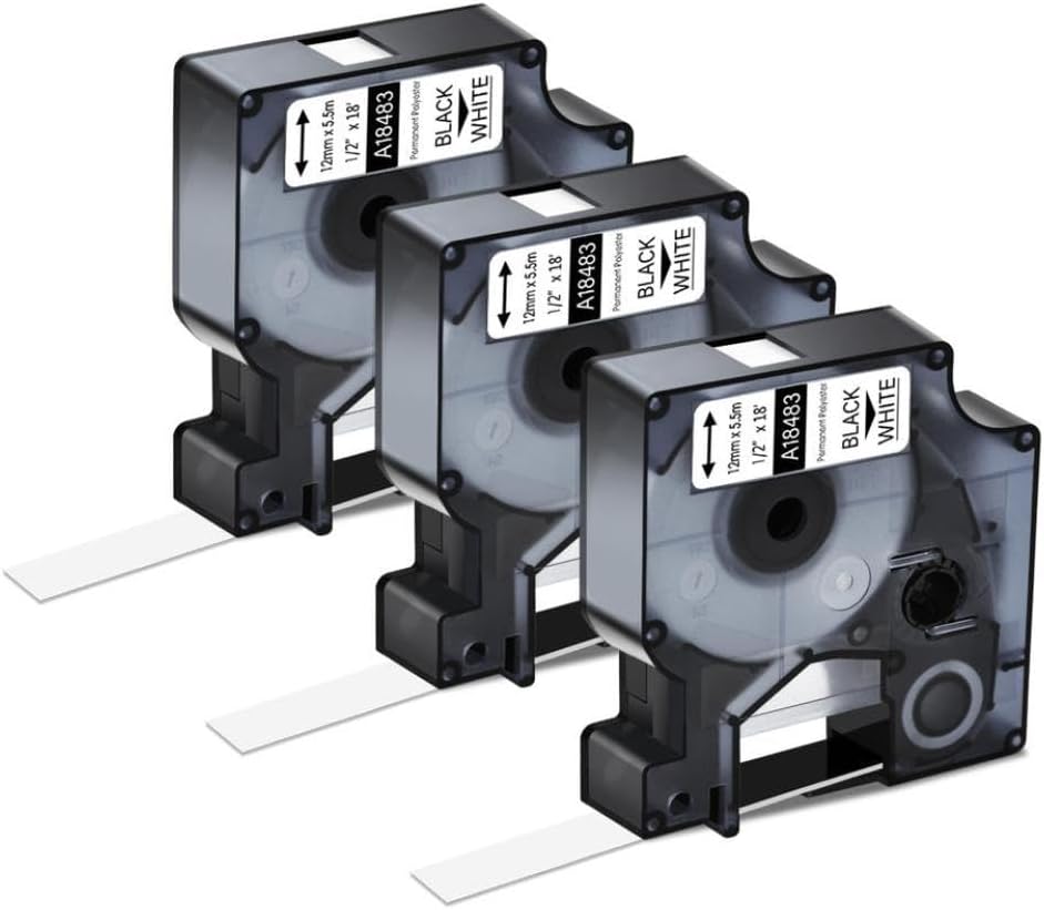 3 5 8 10 Pack A18483 Label Tape Anti Smudge Industrial Strength Compatible with 18482 Polyester Ribbon Permanent Black On White(3PK Black on White)
