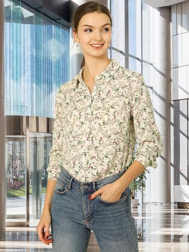 Allegra K Women's Button Down Shirt Work Office Tops Long Sleeve Point Collar Floral Blouse3