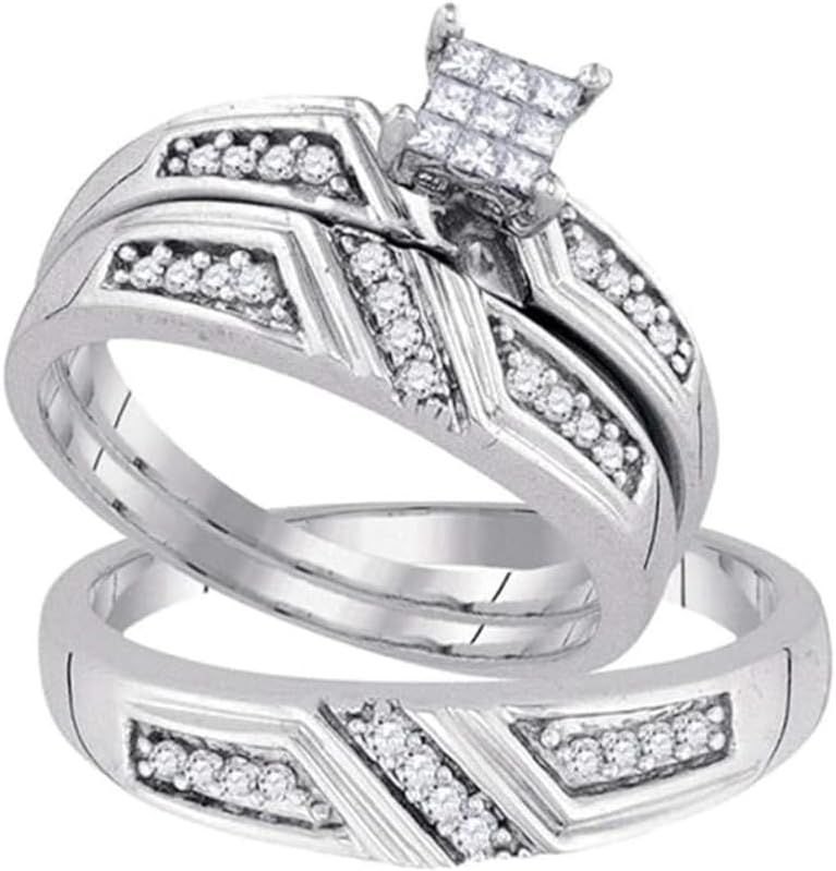 14K White Gold Over Round & Princess Cut White Diamond 925 Sterling Silver Wedding Bridal Trio Ring Set for His & Her, ZBOIN-4880
