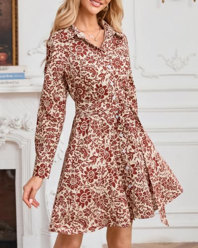 Image of Women's Printed Button Down Shirt Dress Long Sleeve Belted Mini Dress