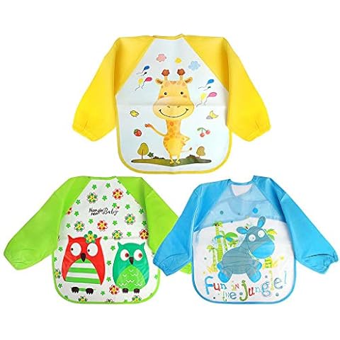 JCF 3 PCS Set Bids with Sleeves Waterproof Baby Bibs Unisex Long Sleeves Feeding Bibs EVA Cute Animals Baby Apron for Infant Toddler 12 Months to 4 Years Old Cover