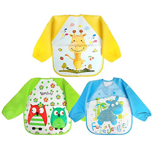 JCF Juego de 3 baberos impermeables con mangas, baberos unisex de manga larga, baberos de alimentación de EVA, lindos animales, delantal para bebés de 12 meses a 4 años, Amarillo, verde, azul, 12