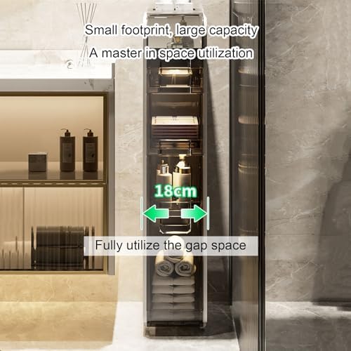 Slim Bathroom Storage Cabinet with Wheels, Freestanding Toilet Organizer, Waterproof Plastic Drawer Shelves, Large Capacity Tissue Box Holder (96x22x41cm)