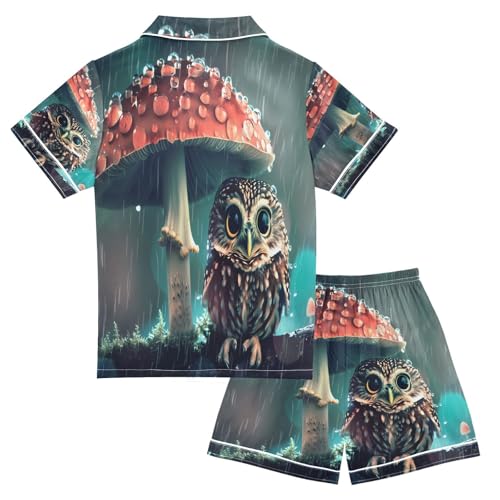 ALAZA Red Mushroom Owl Satin Pajamas Set Short Sleeve Button Down Sleepwear Summer Pjs 2 Piece2