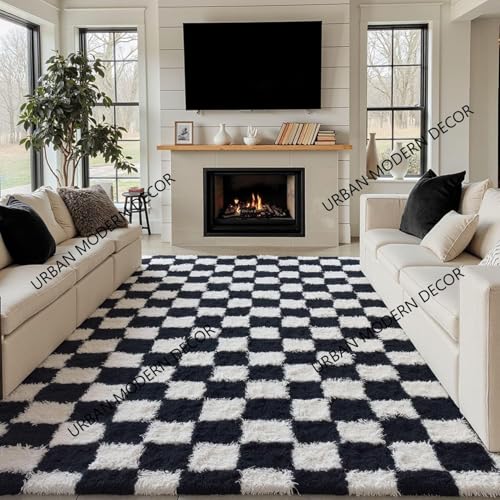 Image of Features 3x5 Feet Modern, Thick, Anti-Skid Shaggy Carpet with a 2-inch Pile, Perfect for Living Rooms, bedrooms, and Kids' Rooms.(3x5 feet, Black & White Chess)