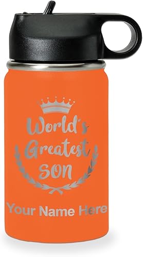 Miniatura 49 de LaserGram Botella de agua con tapa abatible de doble pared de 20 onzas con pajilla, el hijo más grande del mundo, grabado personalizado incluido
