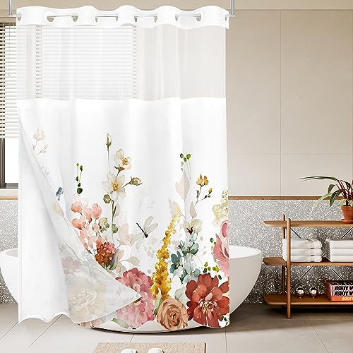 Tititex No Hooks Snap in Liner Aesthetic Blooming Yellow Flowers Leaves Shower Curtain Sets, Hotel Luxury Double Layers Waterproof Fabric & See-Through Top Window Bathroom Decorative 60x72 Inch