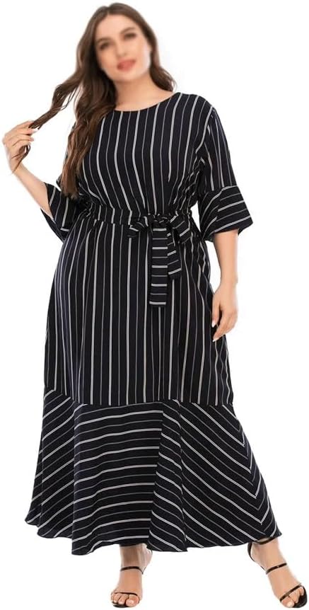 JSEIAJB Woman Dress Three Quarter Sleeve Striped Print Casual Dress Belted Patchwork Maxi Long Dresses