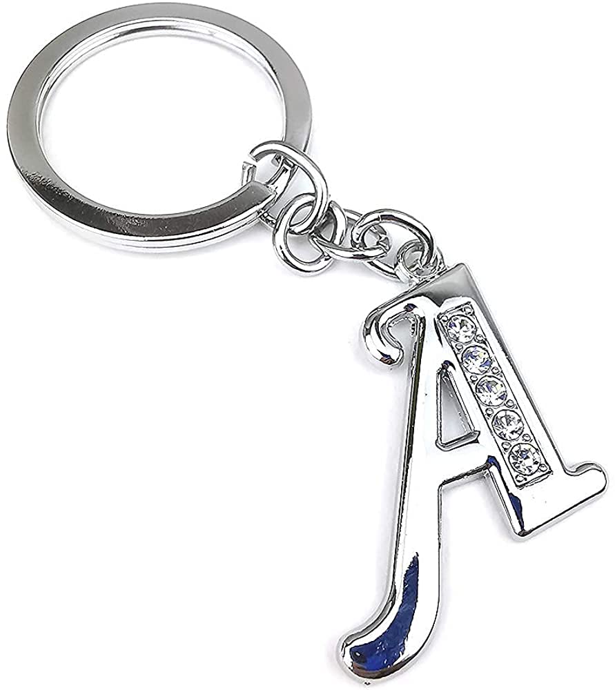 Italics Alphabet Letter Metal with Crystal Stones Keychains for Car Bike Men Women Keyrings, Silver