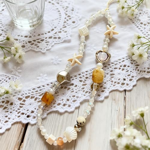 2 Pcs Phone Charm Strap Universal Hand Phone Wrist Strap Camera Lanyard Pearl Beaded Cute Chain String Accessories Universal for iPhone 16 Pro Max Samsung Women Girls Phones Bag Keychain Beach Style - 3