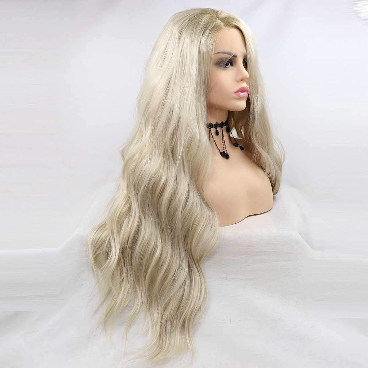 Xiweiya Long Blonde Wavy Wig with Brown Root Synthetic Lace Front Wig, Side Part - Image 4