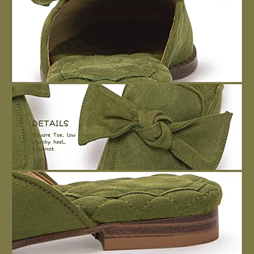 Coutgo Women's Flat Mules Bow Knot Square Closed Toe Quilted Faux Suede Slip On Backless Flats Shoes Green #TOP4