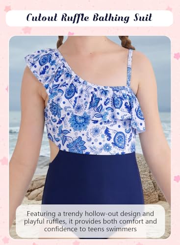 Image of Alakuoti Girls One Piece Swimsuits Cutout Ruffle Bathing Suit Quick Dry Beach Swimwear with Adjustable Strap 5-14 Years