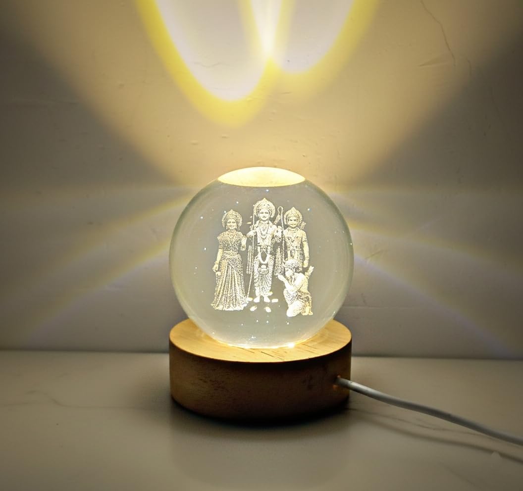 Shri Ram Darbar 3D Laser Engraved Crystal Ball LED Night Light with Wooden Base, USB Powered, Home and Office Decor, 7.5cm Height-image-36