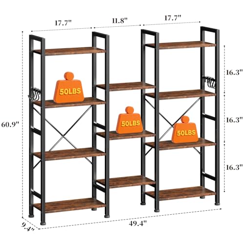 Image of Furologee Triple 4 Tier Bookshelf, Bookcase with 11 Open Display Shelves, Large Book Shelf with 6 Hooks, Rustic Bookshelves Storage Organizer, Decorative Shelving Unit for Living Room, Home Office