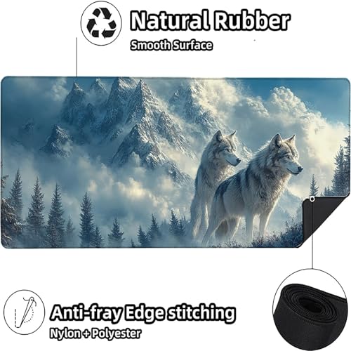 Gaming Mouse Pad 28x16in Snow Mountain, Wolf Large Desk Mat, Mousepad with Non-Slip Rubber Base, Mouse Pad and Keyboard, Office Desk Accessories, Computer Mat with Stitched Edges, for Office, M-8242