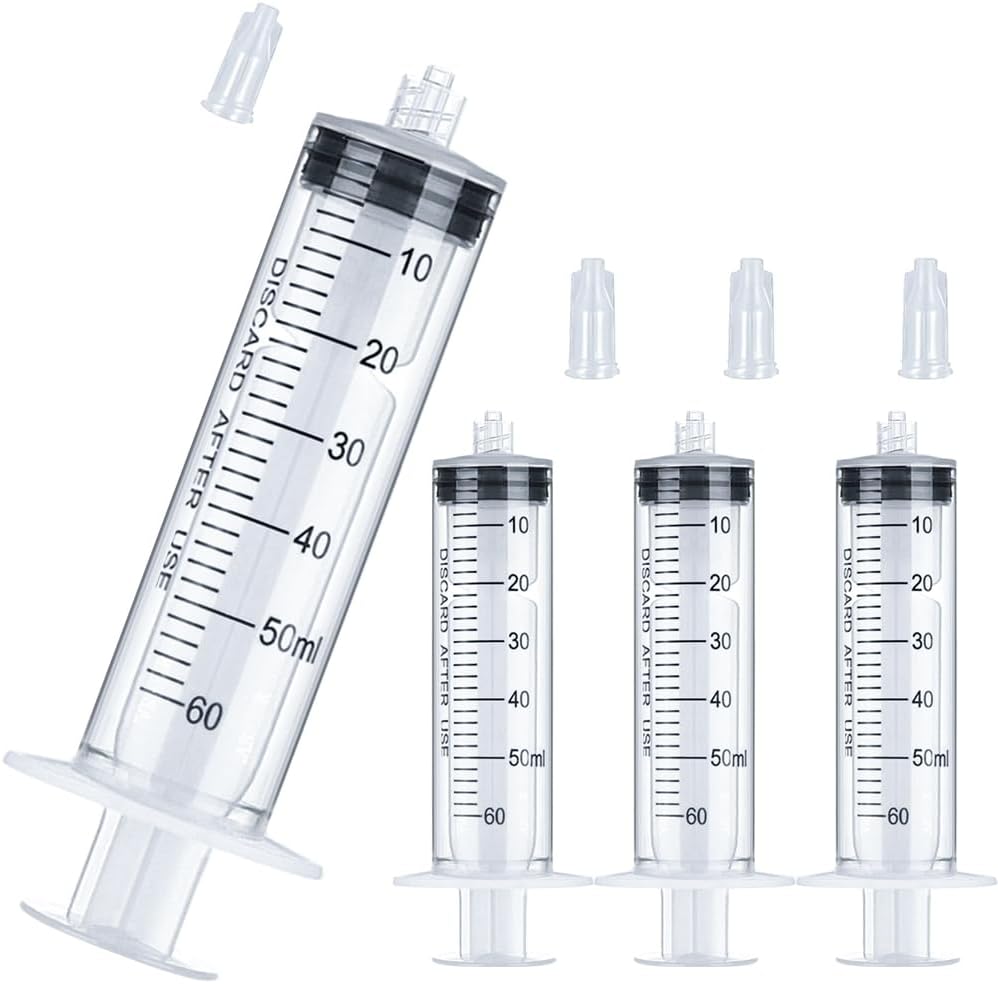60mL Luer Lock Syringe 4 Pack Large Plastic Sterile Syringes without Needle, for Liquid, Oral, Measurement, Dispensing, with Cap 50mL/60cc