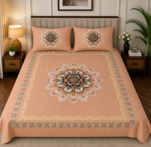 Image of 7D Digital Printed King Size Bedsheet with 2 Pillow Covers | Soft Premium Cotton Feel Microfiber Double Bed Bedsheet |Breathable,Wrinkle Free & Fade Resistant|(SeaPeach, KingSize-225x250CM)