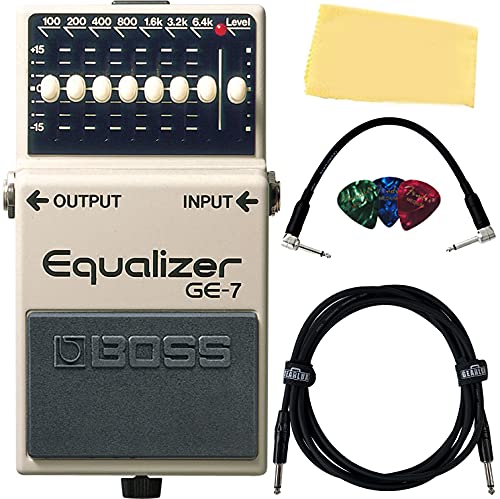 BOSS GE-7 Graphic Equalizer Bundle with Instrument Cable, Patch Cable, Picks, and Austin Bazaar Polishing Cloth