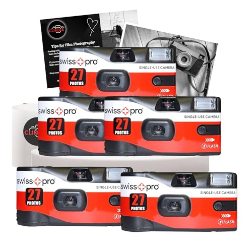 Disposable Camera Bundle with Swiss+Pro Disposable Camera Single-Use Film Cameras with 27 Exposures and Clikoze Disposable Photography Tips Card (5 Pack)