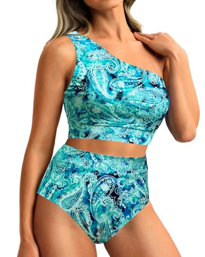 Image of Holipick Women One Shoulder High Waisted Bikini Sets Two Piece Swimsuit Tummy Control Bathing Suit Full Coverage Swimwear