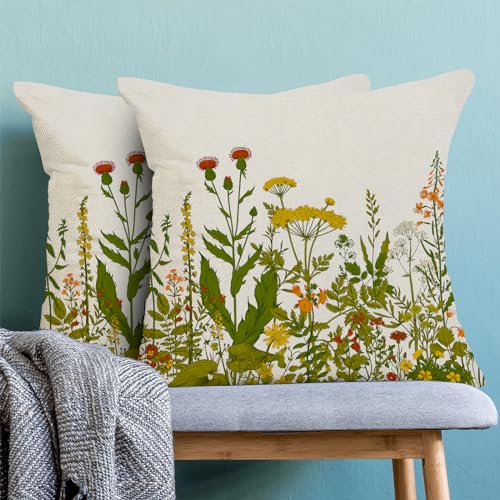 Image of AEIOAE Yellow and Green Pillow Covers 18x18 Inch Set of 2, Spring Wildflower Plant Throw Pillows Case,Seasonal Floral Outdoor Decorative Flowers Farmhouse Decor Cushion Covers for Home Sofa Bed Couch