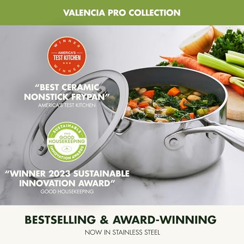 Image of GreenPan Valencia Pro Tri-Ply Stainless Steel 1.5QT Saucepan with Lid, Healthy Ceramic Nonstick PFAS-Free PFOA-Free Coating, Multi Clad Cookware, Induction, Dishwasher Oven and Broiler Safe