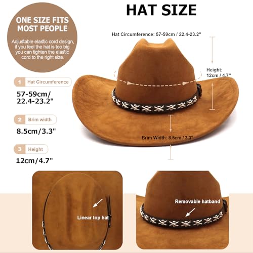 Image of Western Suede Cowboy Hat for Women Men Wide Brim Classic Cowboy Cowgirl Hat with Buckle Belt Felt Fedora Hat